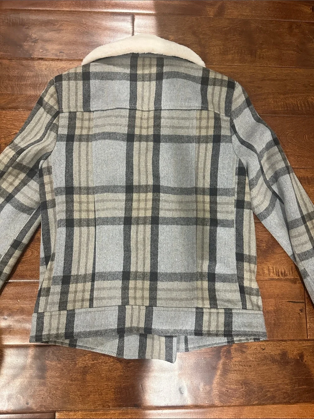 Miss Selfridge Gray Plaid Pea Coat with Cream Faux Fur Collar